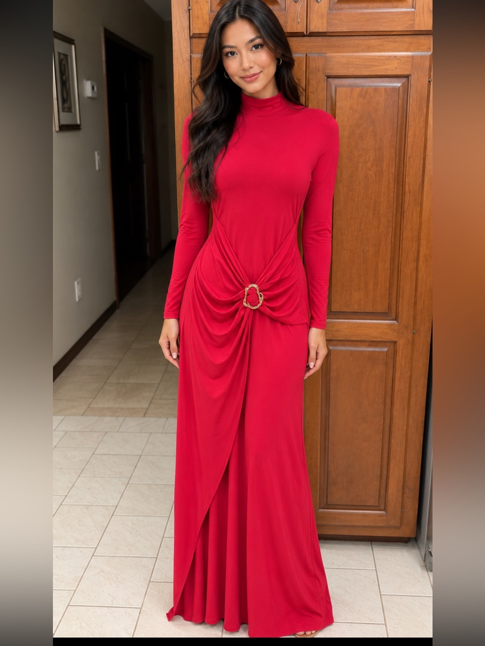 Red Long-Sleeve Maxi Dress with Waist Heart Detail- NWOT- Size M